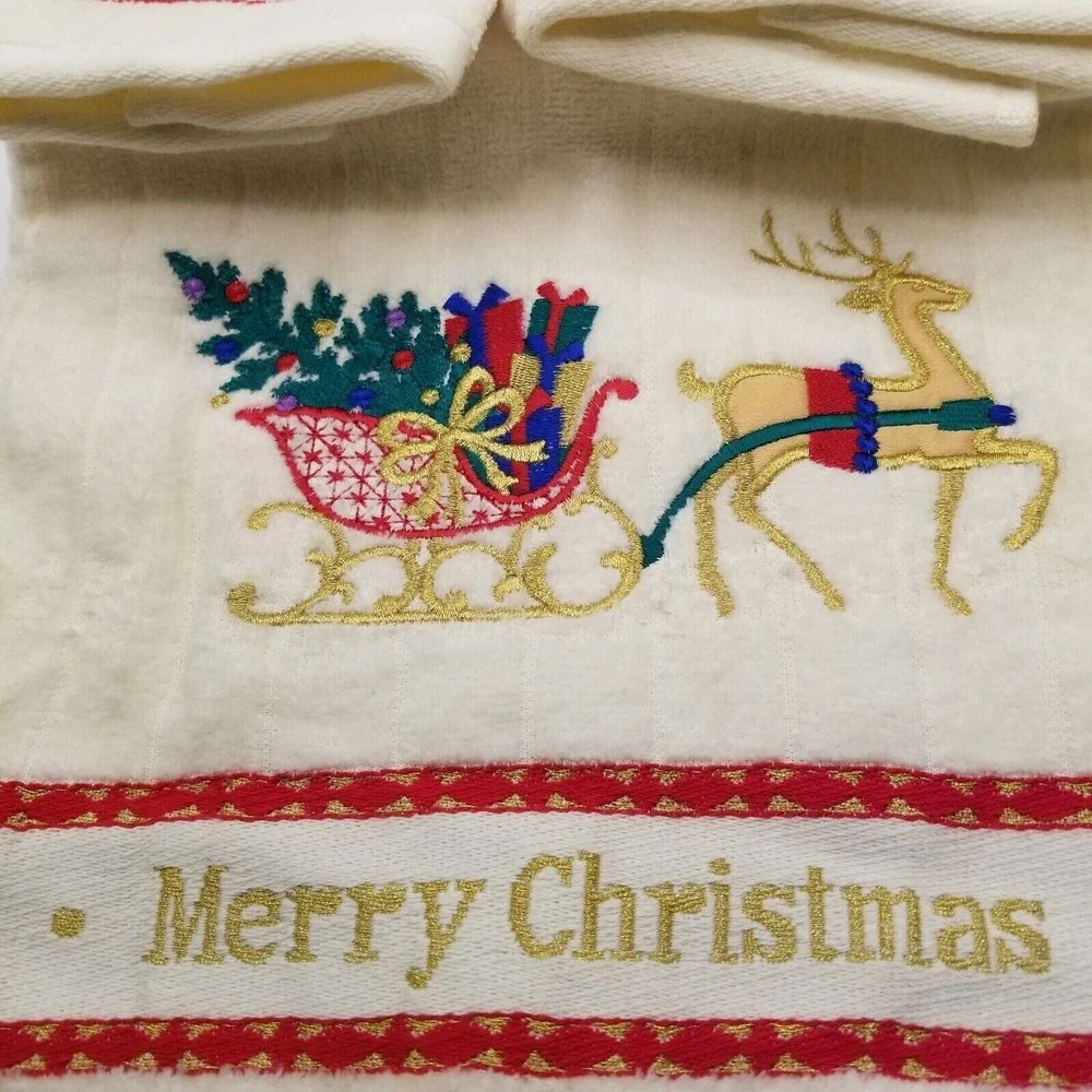 Home Collection Towel Set Unisex OS Vintage Christmas Beige Reindeer Sleigh 3pc